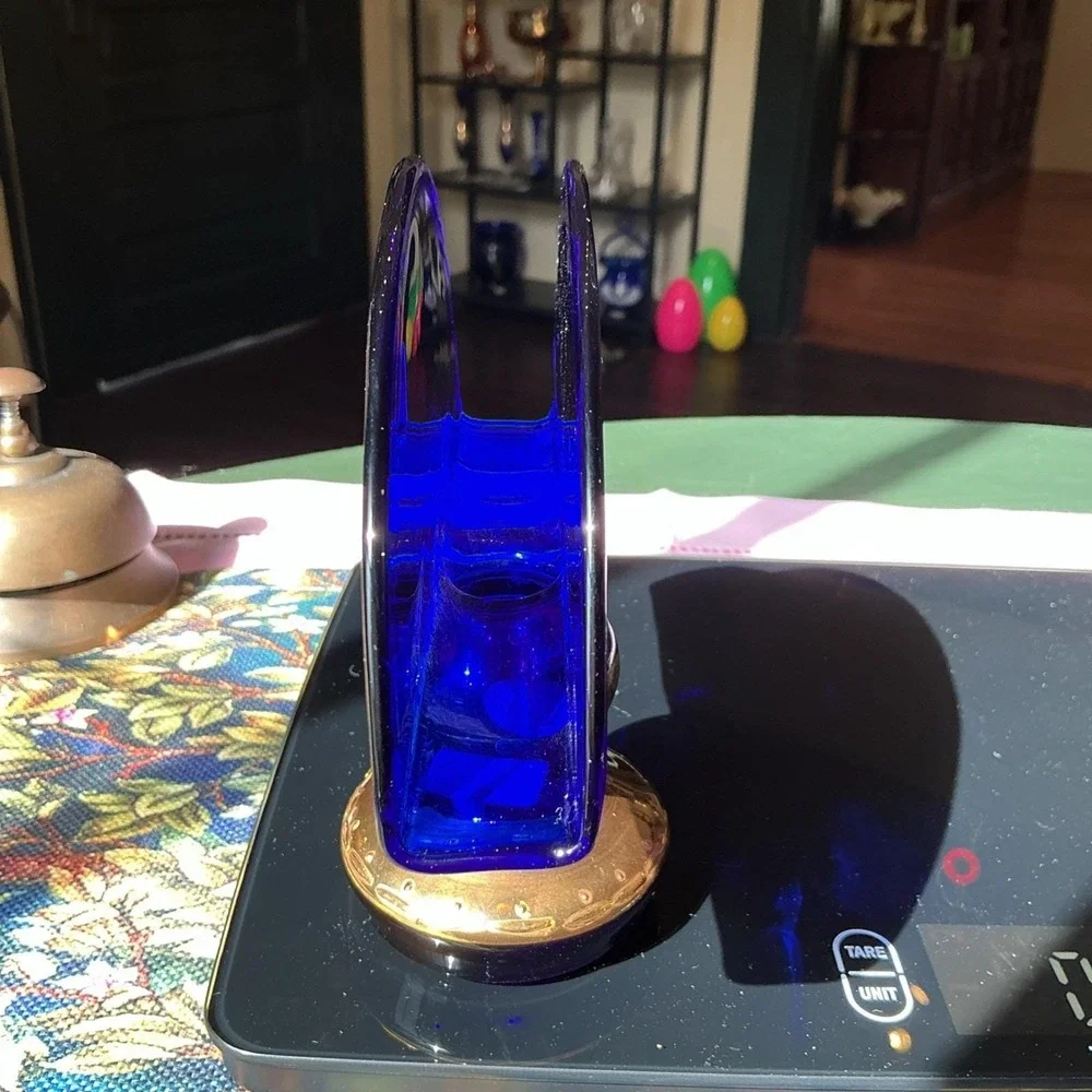 Czech Bohemian 24K Gold Enamel Cobalt Blue Art Glass Napkin Holder Pedestal